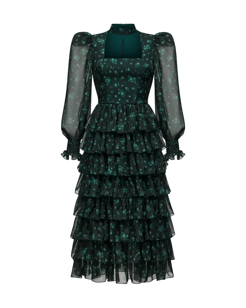 Valerie midi, платье миди из темно-зеленого шифона с цветочным принтом
