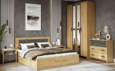 Спальный гарнитур Светлый Лофт, дуб золотой с четырехстворчатым шкафом