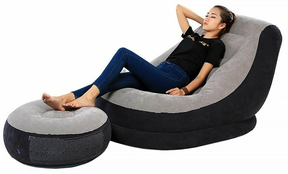 Кресло надувное Intex 68564 Ultra Lounge 137х102х79 см с пуфиком / Шезлонг надувной Интекс велюровый с подстаканником для дома и дачи