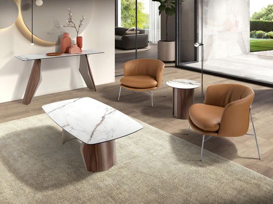 Овальный столик 2167 из керамики с мраморной отделкой, стали и ореха