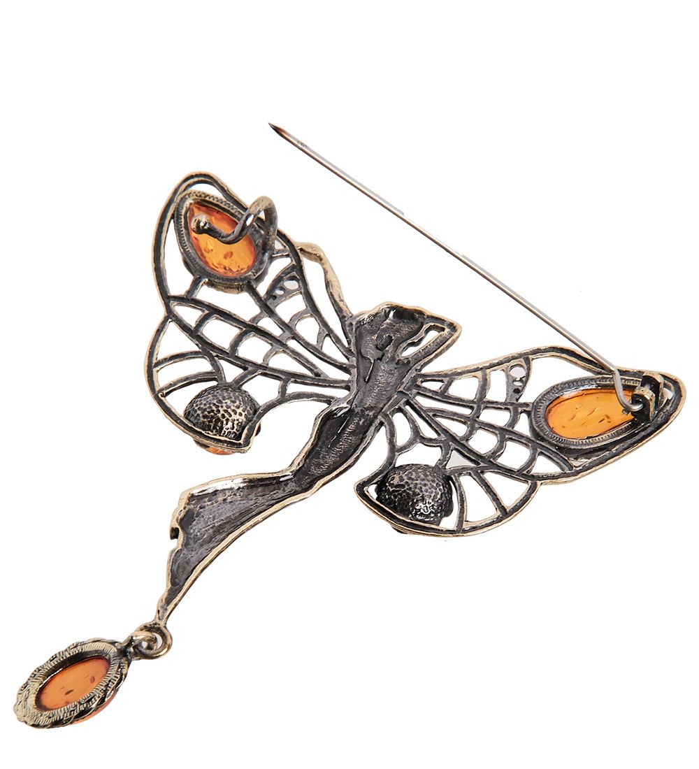 AM-1654 Брошь «Бабочка Танцующая фея» (латунь, янтарь)