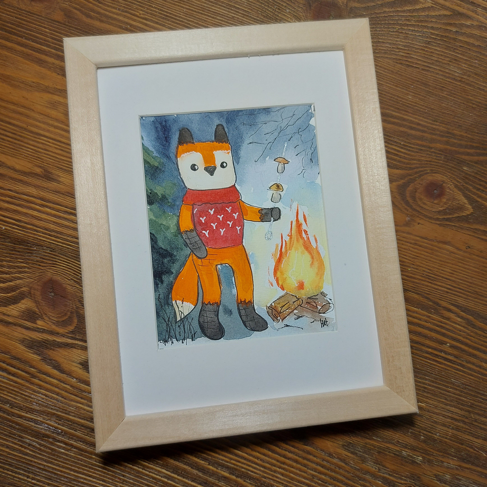 Картина акварельная авторская в паспарту 15х20 см на стену для интерьера "Лисичка"