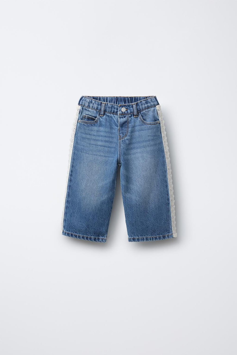 ZARA ДЖИНСЫ-КЮЛОТЫ С КРУЖЕВОМ, СИНИЙ