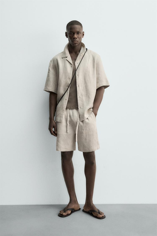 ZARA ШОРТЫ RELAXED FIT ИЗ 100% ЛЬНА, СВЕТЛО-БЕЖЕВЫЙ