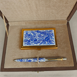 Набор "Гжель" визитница и ручка Parker с ручной росписью Палех