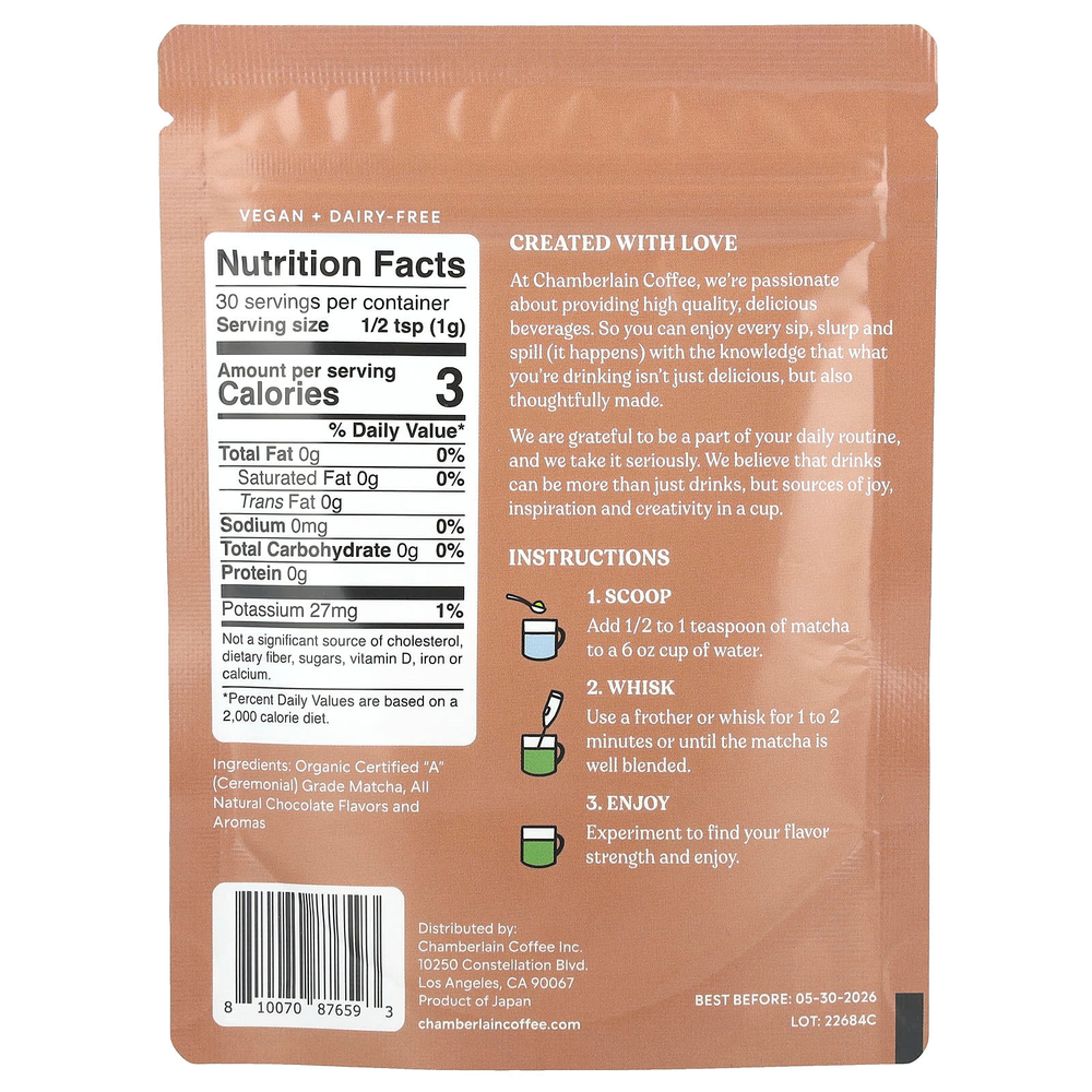Chamberlain Coffee, Шоколадный порошок матча, церемониальный, 30 г (1,06 унции)