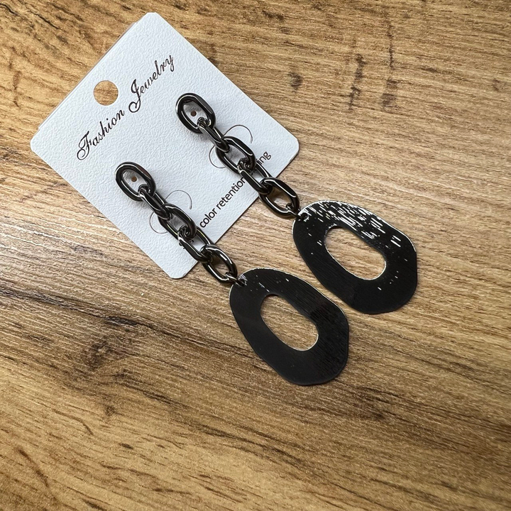 Серьги "Цепи" 5 звеньев подвеска овальная рамка фактурная металл графитовый