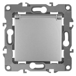 12-2103-03 ЭРА Розетка 2P+E Schuko со шторками с крышкой, 16A-250В, IP20, Эра12, алюминий | ЭРА 12 Алюминий