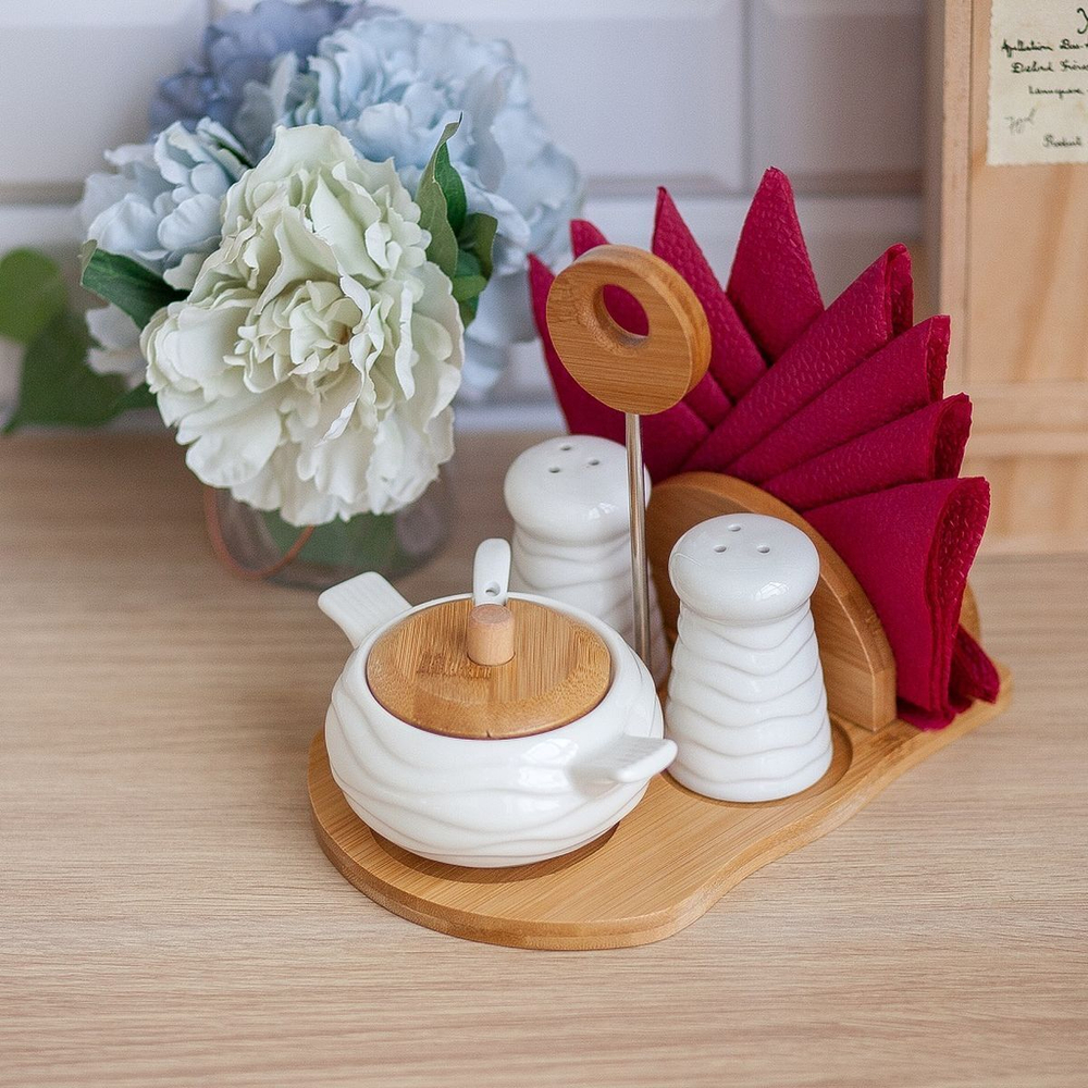 Набор для специй керам, 19 см, 3 шт, солонка, перечница, сахарница, подставка, бел