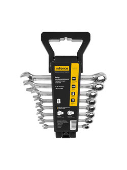Набор комбинированных трещоточных ключей 8 предметов Inforce, Сталь Cr-V, 8-19мм, профессиональный, 06-05-86