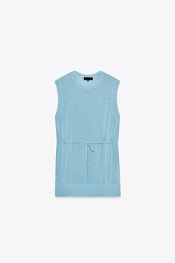 ZARA ДЛИННЫЙ ТРИКОТАЖНЫЙ ТОП С ПОЯСОМ, ГОЛУБОЙ