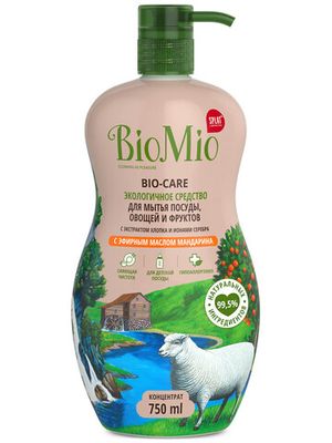 BIO-CARE Экологичное средство для мытья посуды, овощей и фруктов с эф.маслом МАНДАРИНА, экстр. ХЛОПКА и ионами СЕРЕБРА. Концентрат, 750 мл