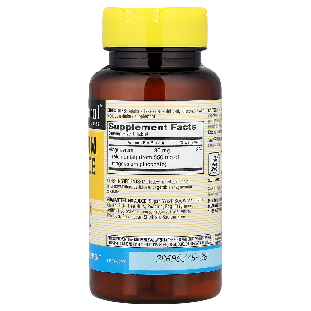 Mason Natural, глюконат магния, 100 таблеток (30 мг в одной таблетке)