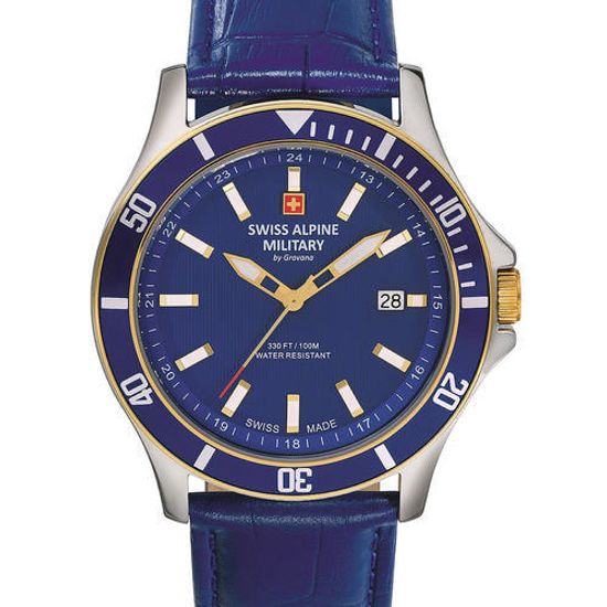 С ремешком Мужские наручные часы с синим кожаным ремешком  Swiss Alpine Military 7022.1545 mens 42mm 10ATM