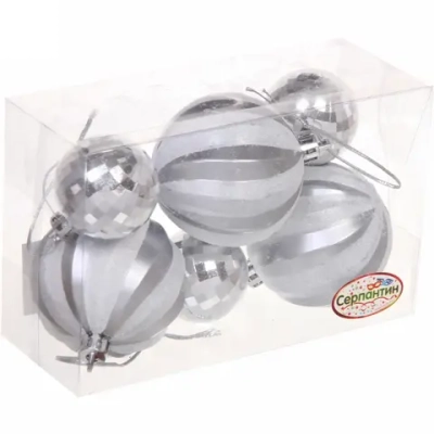 Новогодние шары 6/4 см (набор 6 шт) «Сказка», Серебро/белый