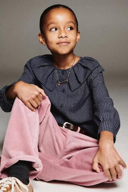 ZARA РУБАШКА С ВОЛАНАМИ В КЛЕТКУ ВИШИ, СИНИЙ