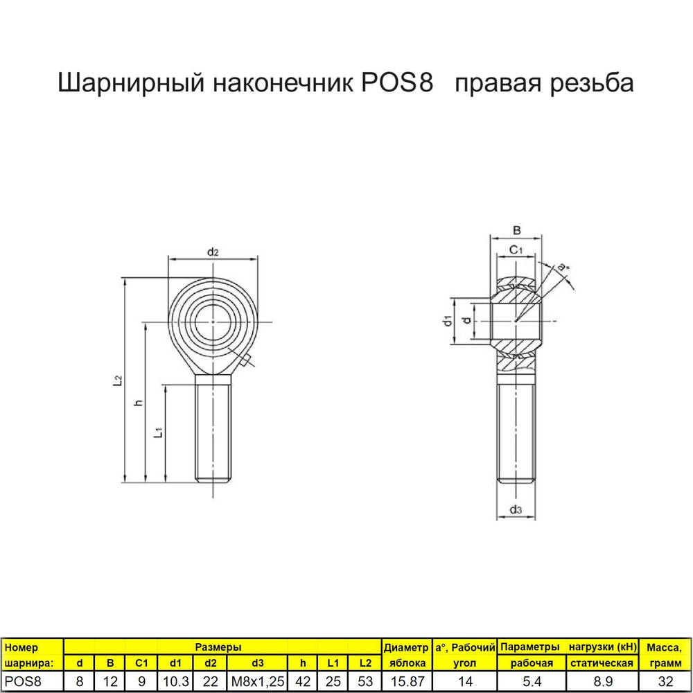 Шарнирный наконечник POS наружная правая резьба