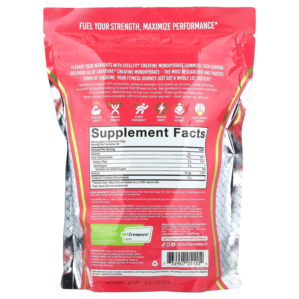 SteelFit, Жевательные мармеладки с моногидратом креатина, сочный арбуз, 120 жевательных таблеток