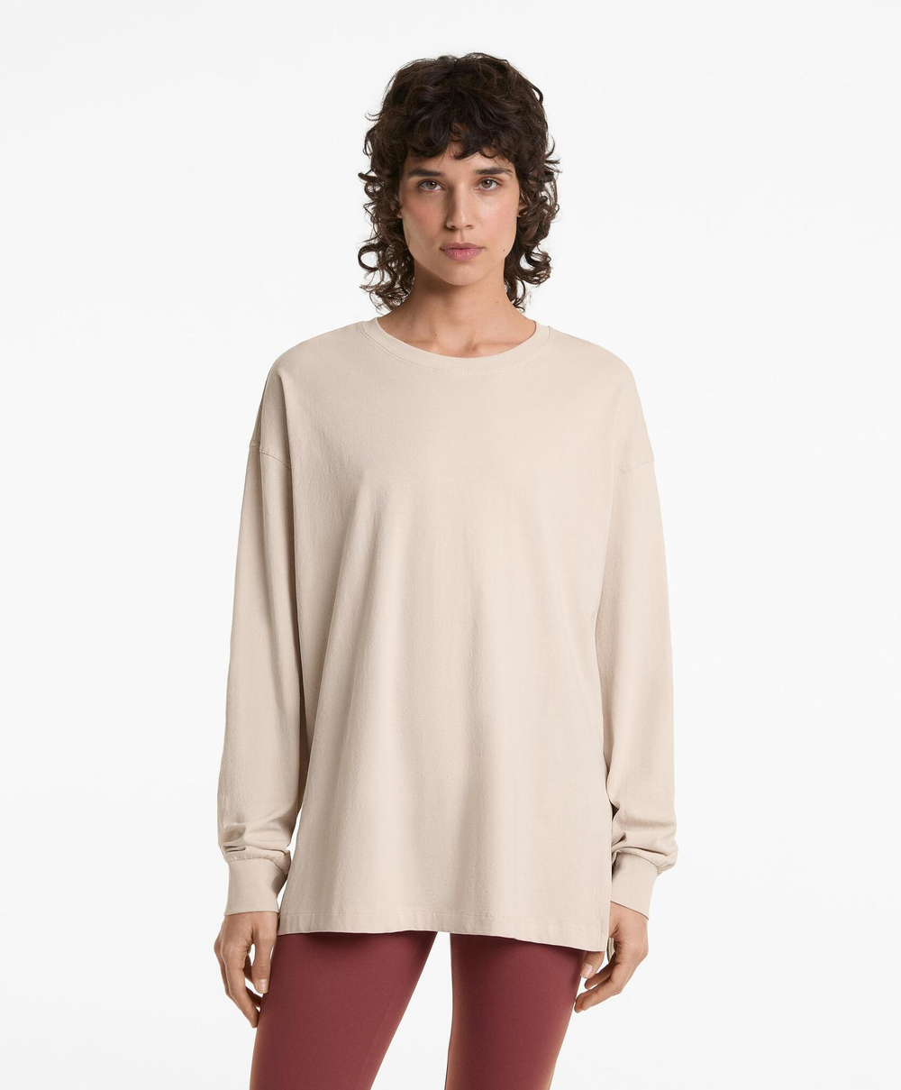 Oysho Длинная футболка из смесового хлопка, овсяный