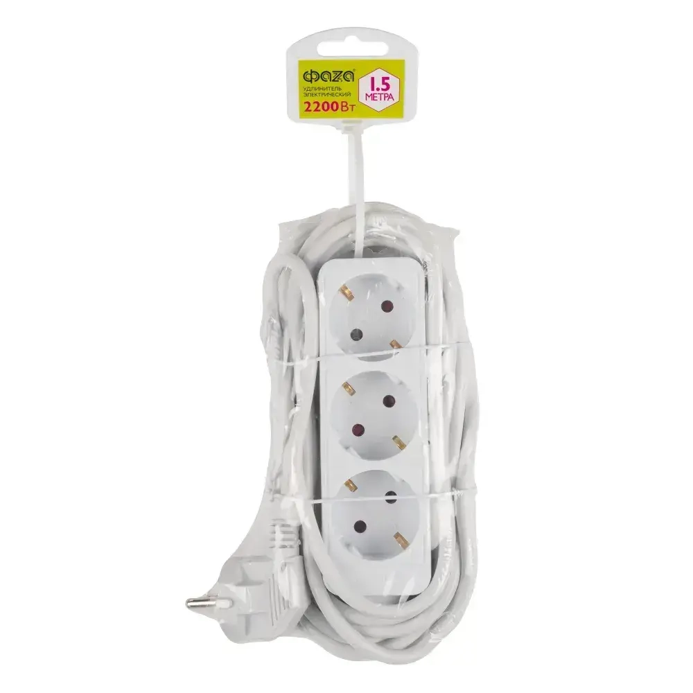 Удлинитель бытовой ФАZA с заземлением и выключением 3 гнезда 1,5 метра FEG-03-150