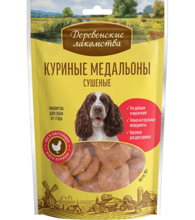 Деревенские лакомства Для собак Куриные медальоны сушеные 90гр.