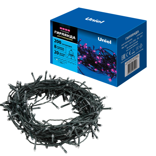 ULD-S2000-200/DGA PINK IP20 Гирлянда светодиодная, 20м. 200 светодиодов. Розовый свет. Провод зеленый. ТМ Uniel