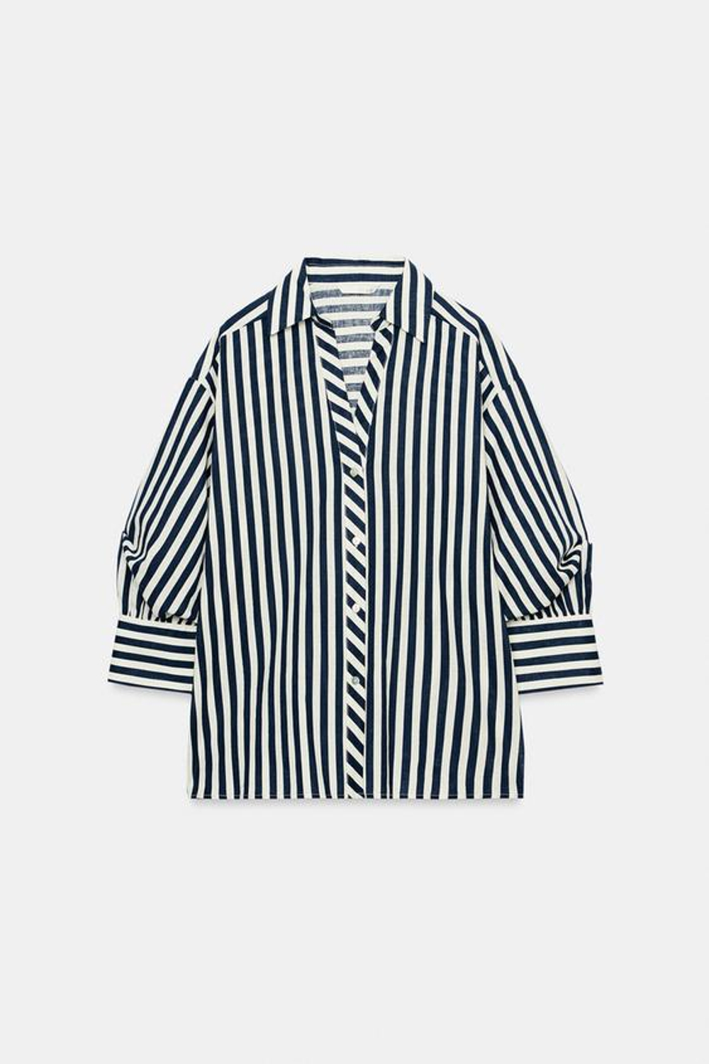 ZARA РУБАШКА ИЗ СМЕСОВОГО ЛЬНА С ОБЪЕМНЫМИ РУКАВАМИ, СИНИЙ/БЕЛЫЙ
