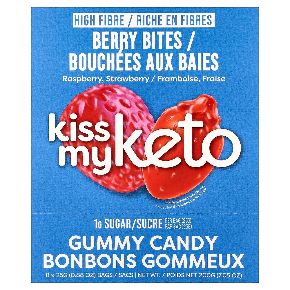 Kiss My Keto, жевательные конфеты, ягодный вкус, малина и клубника, 8 пакетиков по 25 г (0,88 унции)