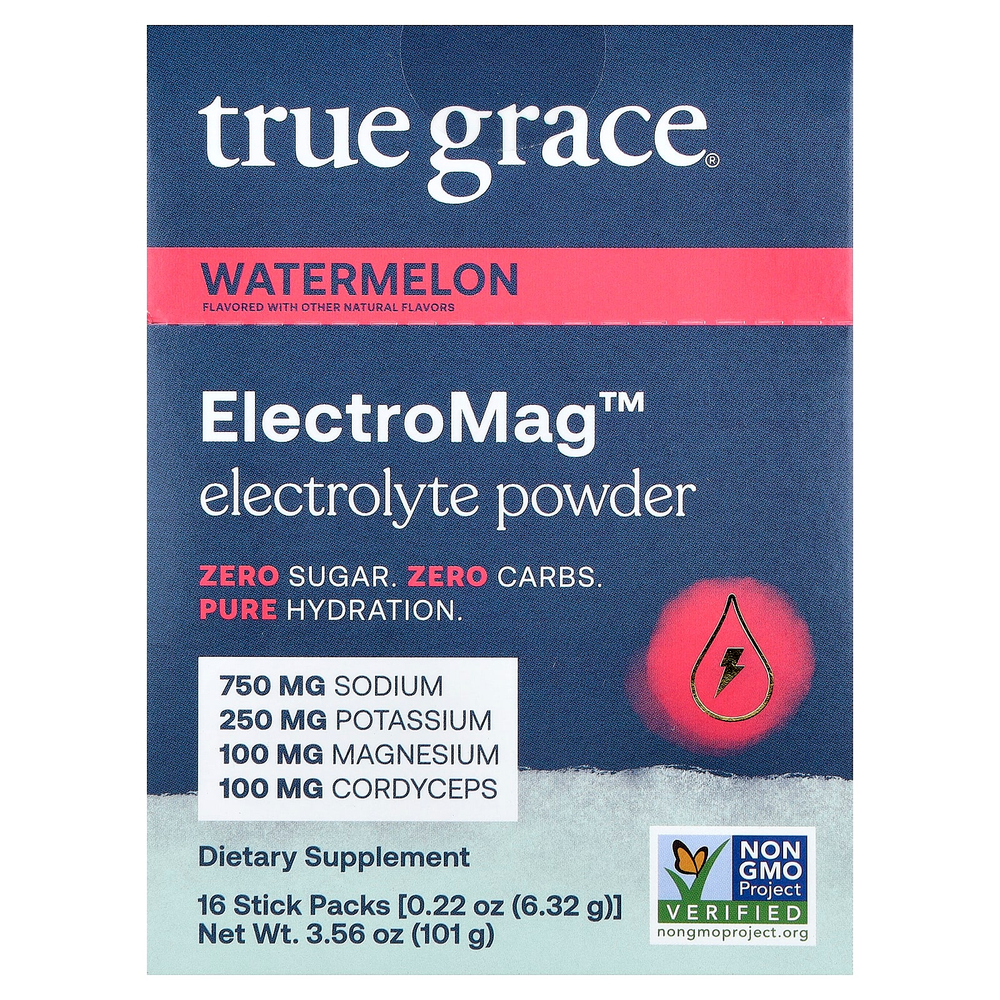True Grace, ElectroMag™, электролитный порошок, со вкусом арбуза, 16 пакетиков по 6,32 г (0,22 унции)