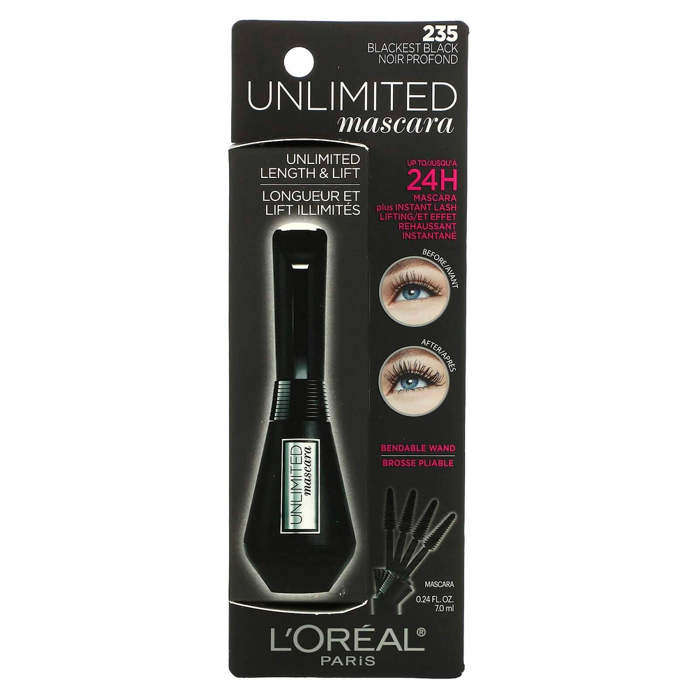 L'Oréal, Тушь Unlimited для удлинения и подъема ресниц, оттенок 235 угольно-черный, 7 мл