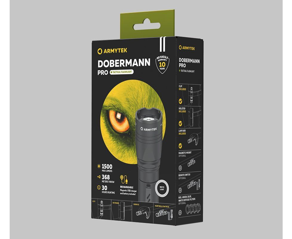 Фонарь Armytek Dobermann Pro Magnet USB с магнитной зарядкой, 1400 лм, размер: белый свет