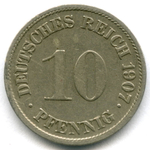 10 пфеннигов 1907 г. G Германия М-н VF-XF