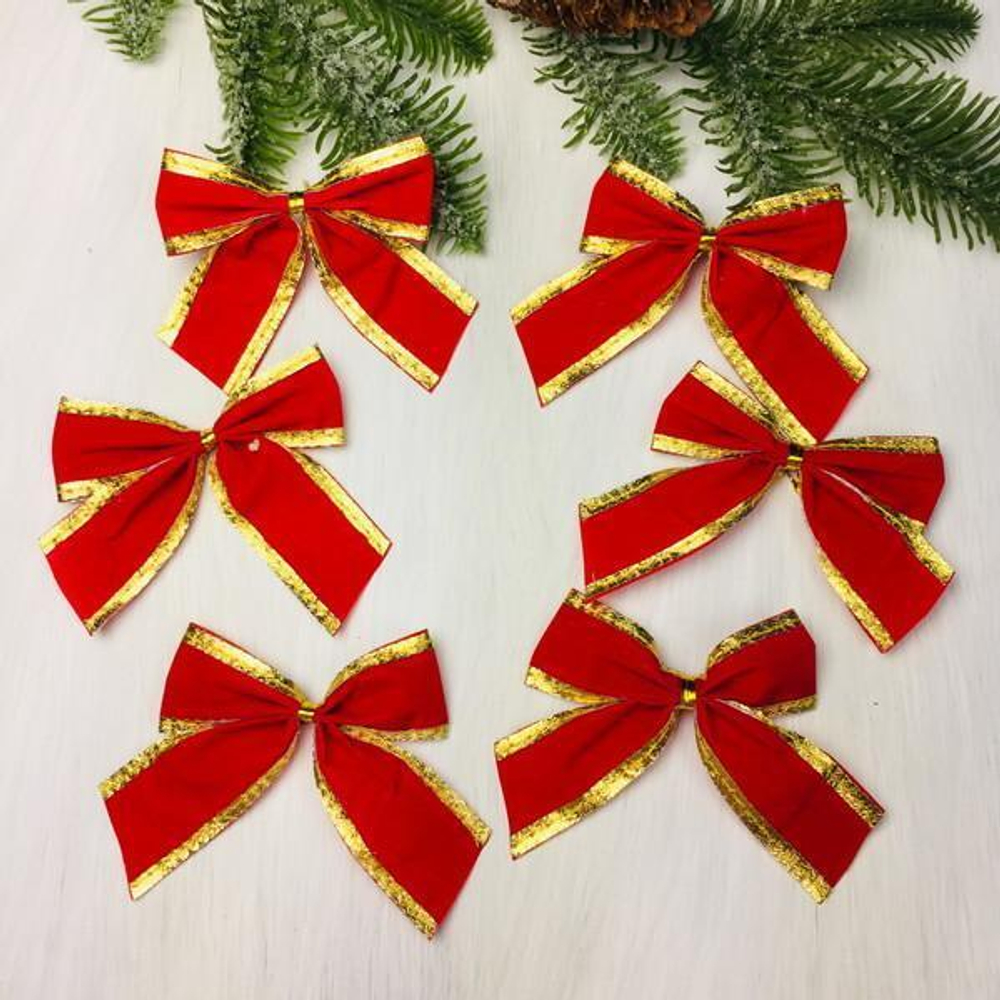 Бант на ёлку "Золотой кант" 8*7 см (набор 6шт), Красный (Серпантин)