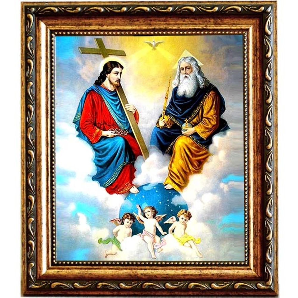 Бог - Отец,  Бог - Сын и Бог - Святой дух. Троица новозаветная. Икона на холсте.