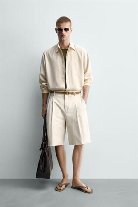ZARA ШОРТЫ WIDE FIT С ЗАЩИПАМИ, ЖЕЛТОВАТО-БЕЛЫЙ