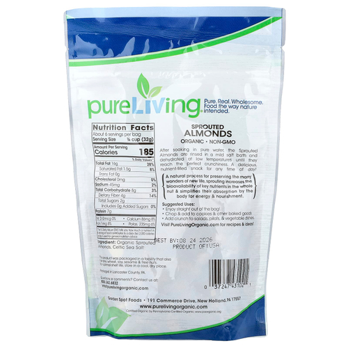 Pure Living, органический пророщенный миндаль, с солью, 170 г (6 унций)