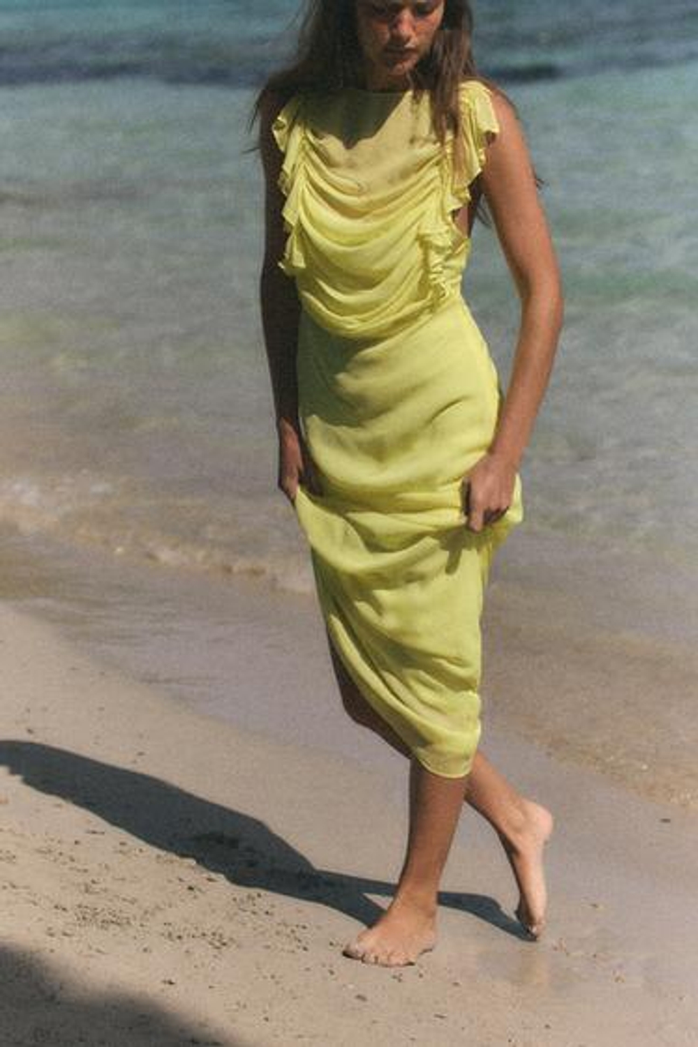 ZARA ДЛИННОЕ ПЛАТЬЕ ИЗ ЖОРЖЕТА, ЛИМОННО-ЖЕЛТЫЙ