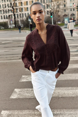 ZARA БЛУЗА С ВЫШИВКОЙ, КОРИЧНЕВЫЙ