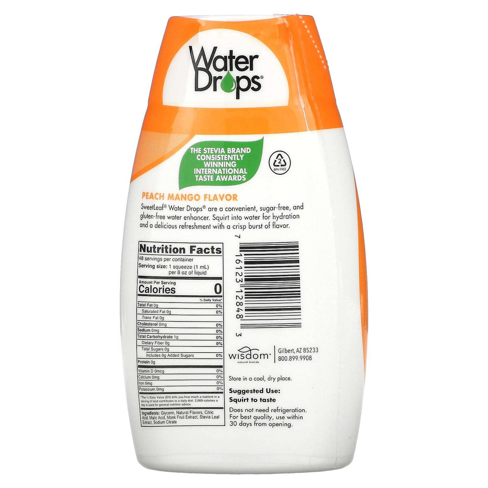 SweetLeaf Stevia, Water Drops®, вкусная стевия, усилитель воды, персик и манго, 48 мл (1,62 жидк. Унции)