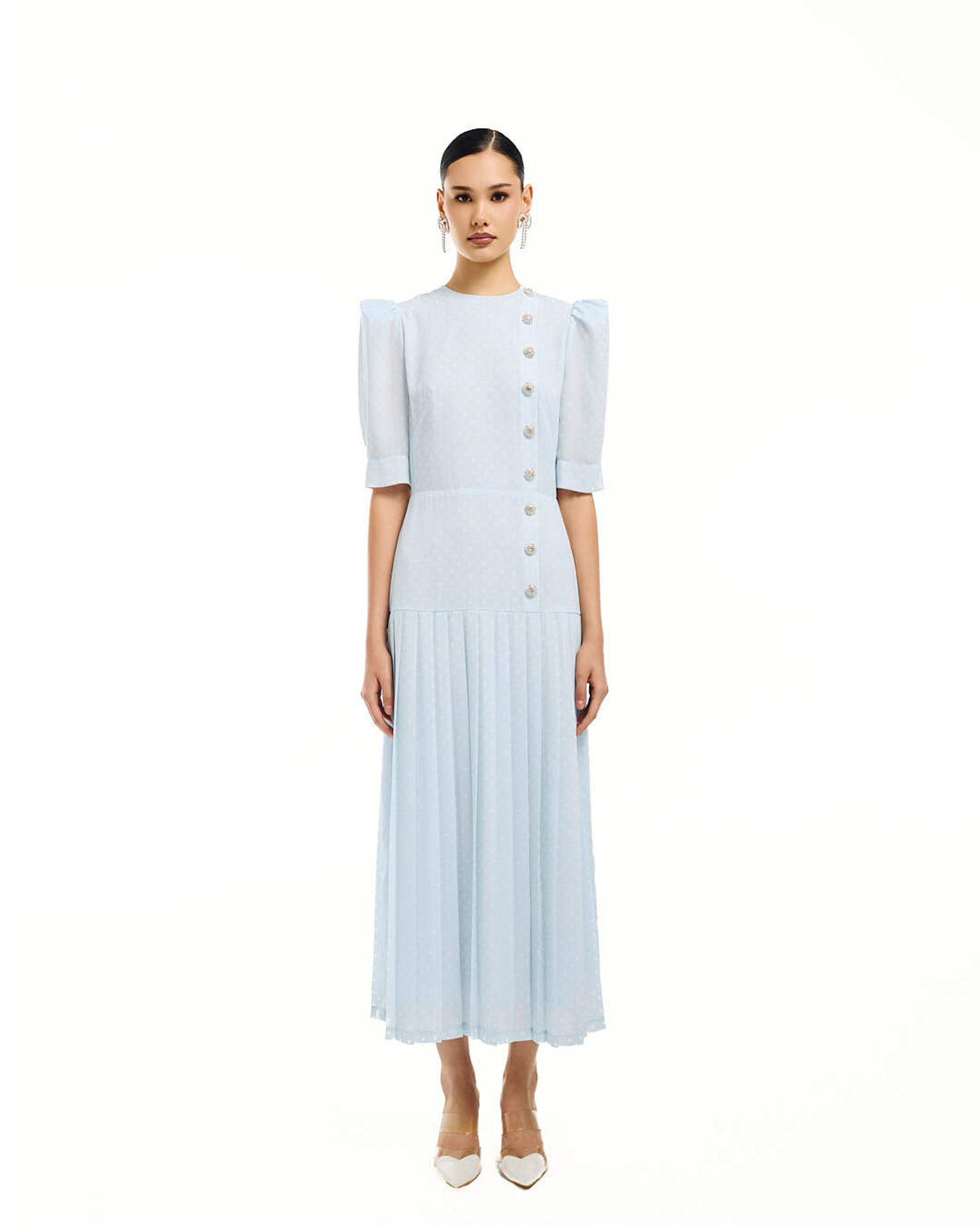 Платье Primavera (Примавера) на запах, голубое в белый горох