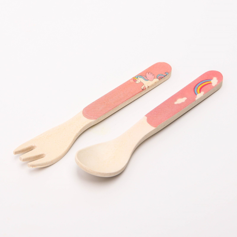 4585402 Набор бамбуковой посуды "Единорог", тарелка, миска, стакан, приборы, 5 предметов