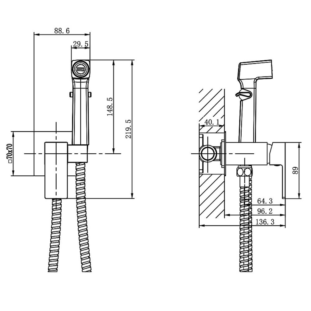 Гигиенический душ Azario Graves со смесителем, керамический картридж, скрытый монтаж, шланг 150 см, хром (AZ-KFX03)