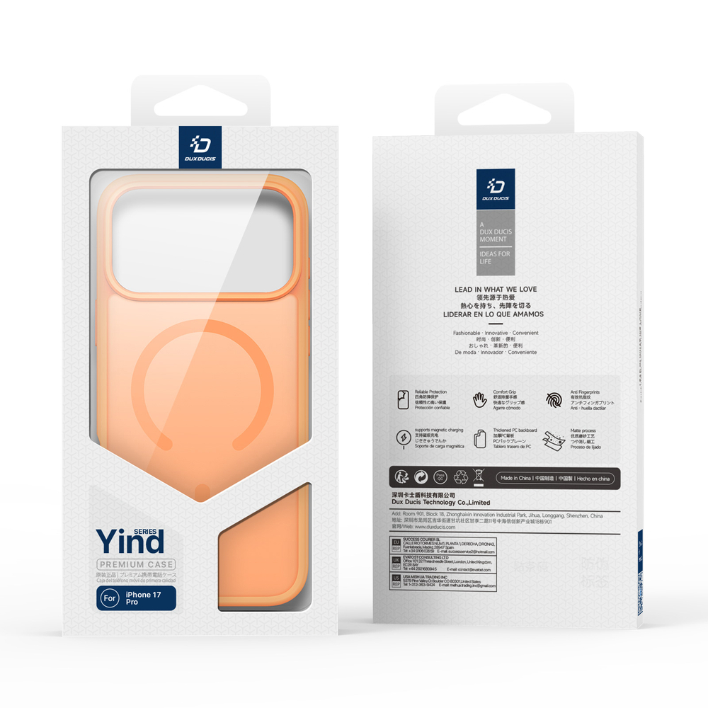 Матовый чехол оранжевого цвета с MagSafe для iPhone 17 Pro, серия Yind Series (Open Ring Version) от Dux Ducis