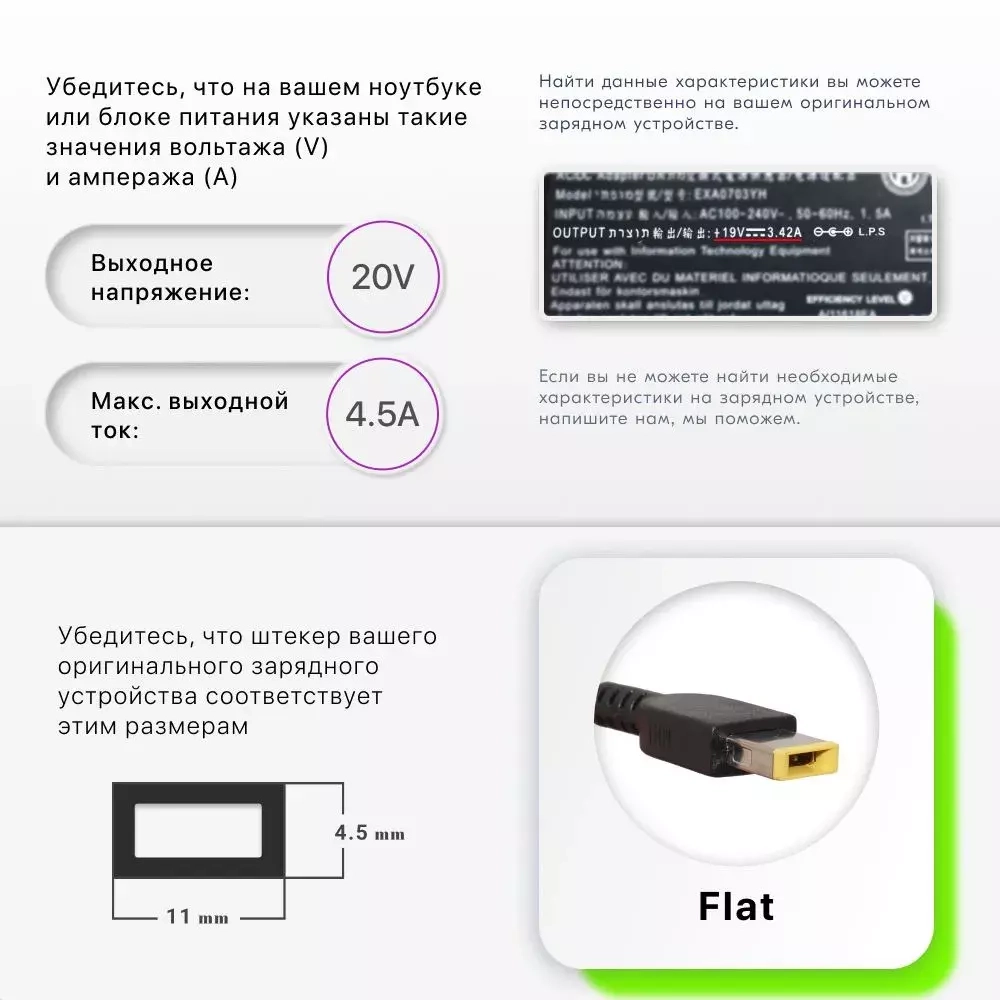 Блок питания (сетевой адаптер) для ноутбуков Lenovo 20V, 4.5A, 90W (прямоугольный разъем)