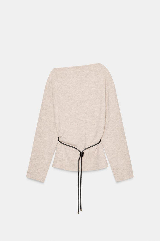 ZARA ТОП ИЗ РЕЛЬЕФНОЙ ТКАНИ С ПОЯСОМ, БЕЖЕВЫЙ МЕЛАНЖ