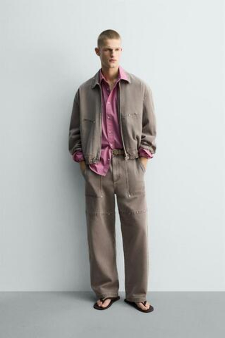 ZARA БРЮКИ RELAXED FIT С ЗАКЛЕПКАМИ LIMITED EDITION, ПЕСОЧНЫЙ МЕЛАНЖ