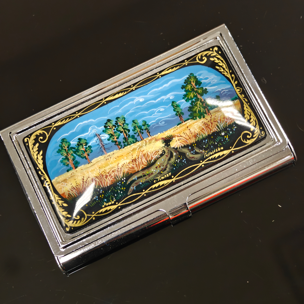 Визитница металлическая персональная "Картина Шишкина" (ручная роспись Палех)