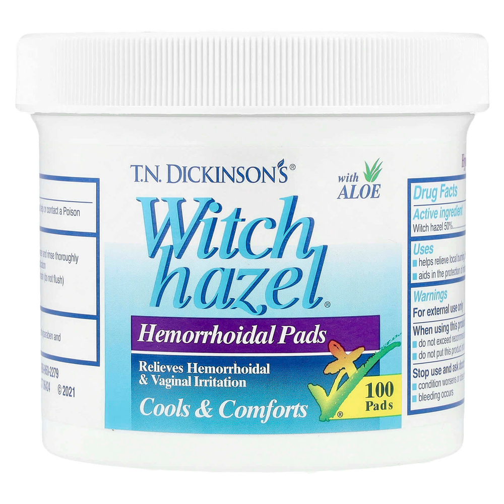 Dickinson Brands, T.N. Dickinson, геморроидальные прокладки из гамамелисы, с алоэ, 100 штук