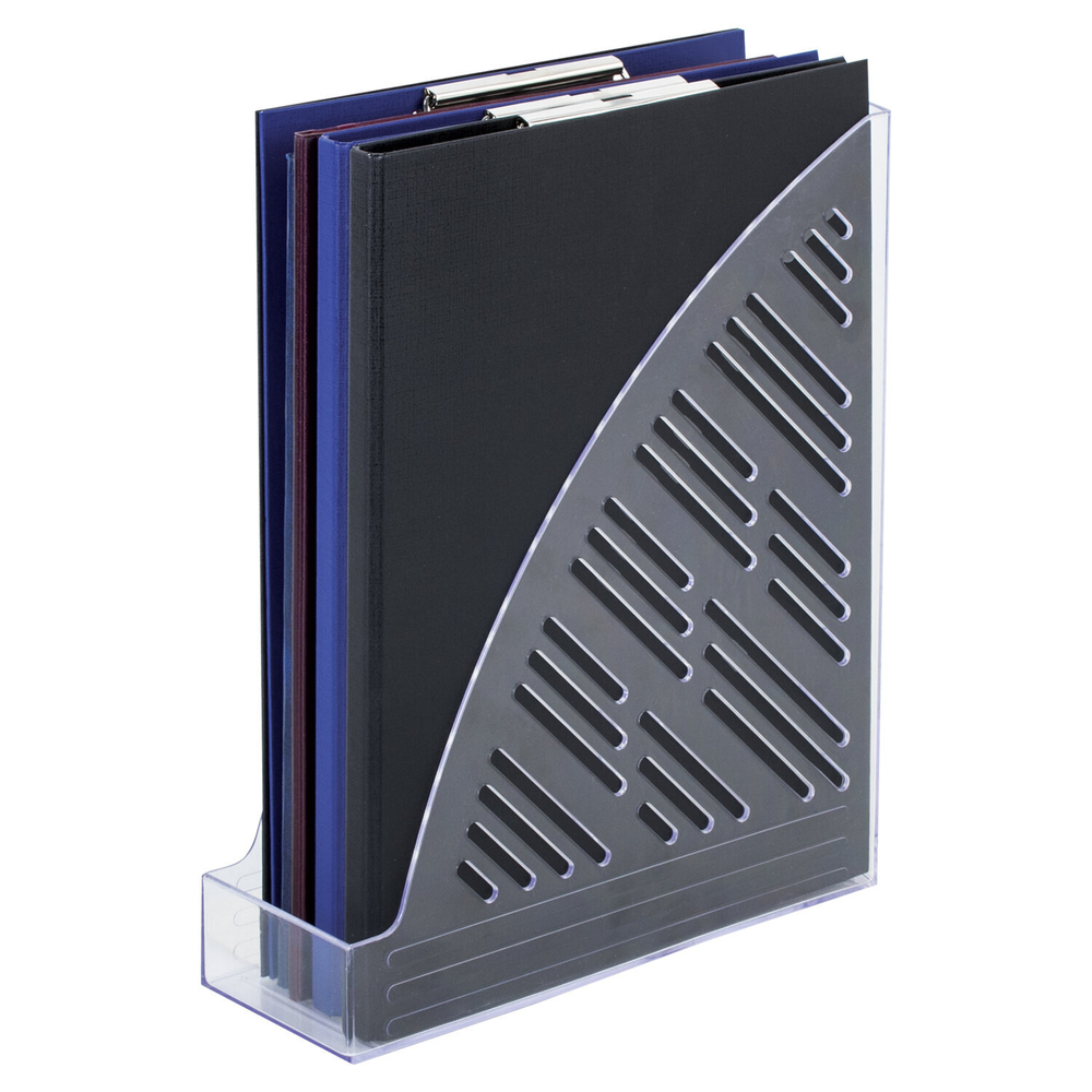 Лоток вертикальный для бумаг BRAUBERG «Standard+», 250×90×300 мм, прозрачный, 2 штуки в комплекте.