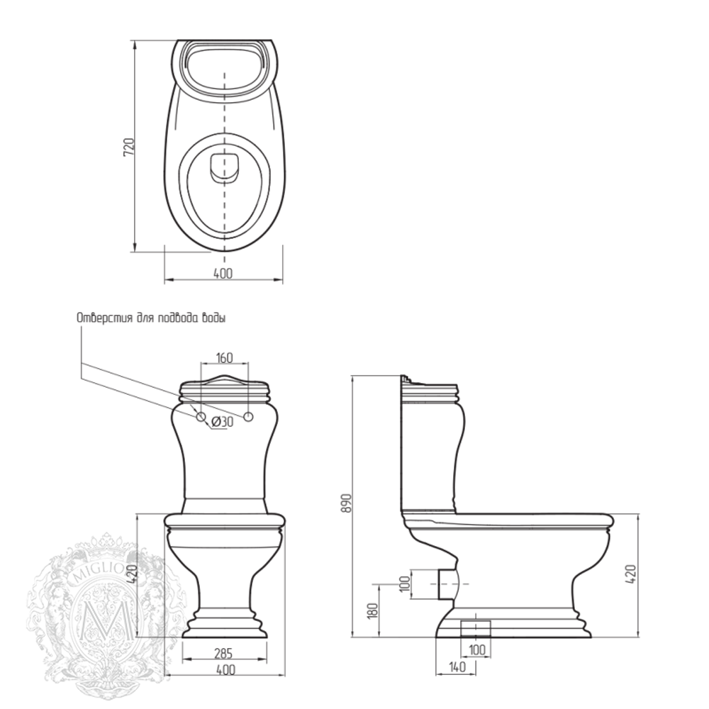 Унитаз напольный с бачком Migliore Milady ML.MLD-25.701.D2.PL горизонтальный выпуск, кнопка хром схема